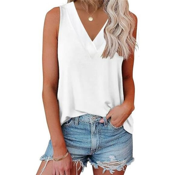 Womens V Neck Sleeveless Tunic Top Summer Casual Loose Fit Basic Tank Shirt - Picture 6 of 6